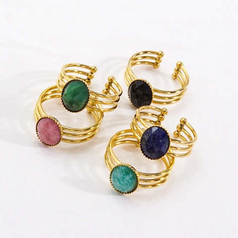 Vintage Ovaler Naturstein Offener Ring Vergoldet Edelstahl Dreireihig Verstellbar Schmuck Geschenk Für Damen