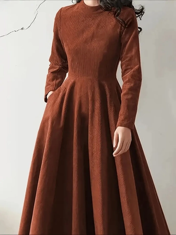Vestido Largo Elegante De Pana Para Mujer Manga Larga Cuello Alto Línea A Vintage Color Sólido