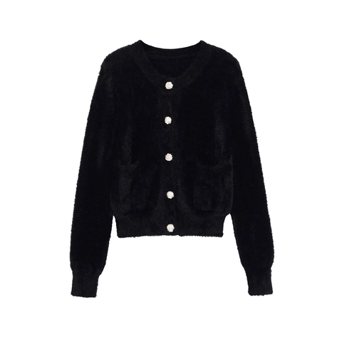 Cardigan en Maille de Fausse Fourrure de Vison Élégant pour Femmes Col Rond Manches Longues Veste Pull en Peluche Avec Poches