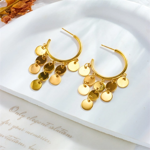 Orecchini Pendenti Vintage Con Nappine a Disco Dorati per Donna Lusso Leggero in Acciaio Inossidabile Geometrici Rotondi