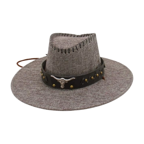 Western Cowboy Hat Retro Ethnic Bull Head Fedora Wide Brim Woven Polyester With Leather Band And Metal Rivets Decor