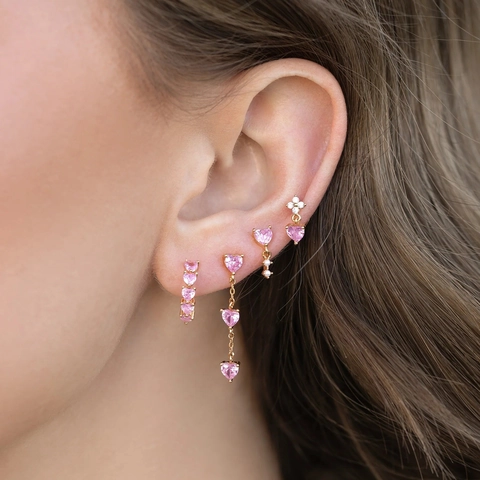 Sweet Pink Heart Zirconia Earring Collection For Women Gold Plated Copper Heart Studs And Tassel Earrings Jewelry Gift
