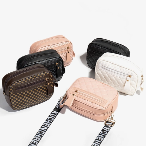Women PU Leather Crossbody Bag Quilted Diamond Polka Dot Print Wide Strap Fashion Urban Minimalist Camera Shoulder Bag