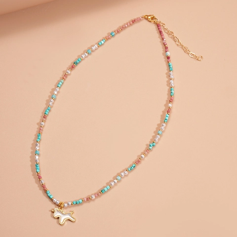 Unicorn Pendant Necklace Hand Beaded Colored Stone Shell Copper For Women Sweet Summer Vacation Style