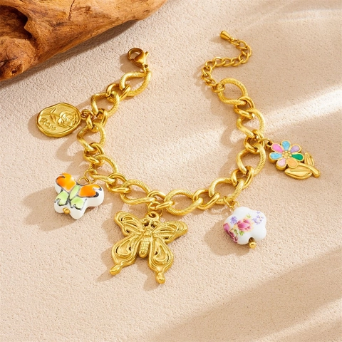 Collana E Bracciale In Acciaio Inossidabile Placcato Oro Farfalla Fiore Ceramica Ciondolo Moneta Rose Per Donna