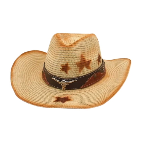 Western Cowboy Straw Hat Woven Wide Brim Star Pattern Bull Head Buckle Sun Protection Summer Outdoor Beach