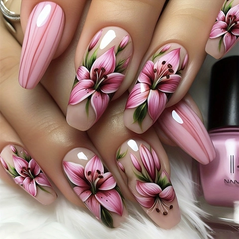 Künstliche Nägel Zum Aufdrücken Lange Sargform Rosa Lilie Blumenmuster ABS Kunststoff Falsche Nägel Für Frauen Maniküre Glänzend