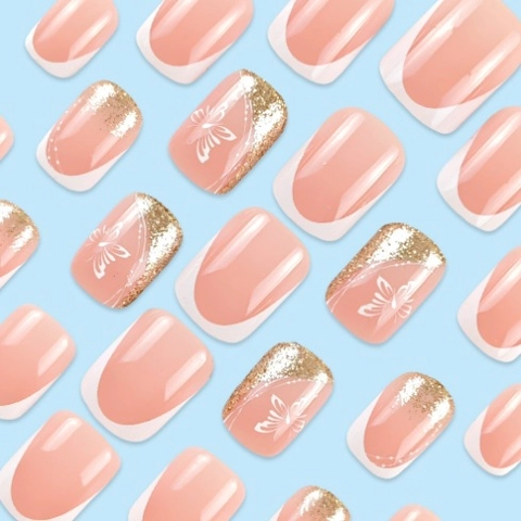 French Tip Press On Nails Butterfly Pattern Gold Glitter Square Nude Pink Elegant Wearable Fake Nails