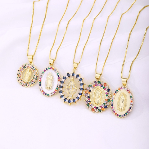 Collier Pendentif Vierge Marie Cuivre Plaqué Or 18K Zircon Coloré Bijoux Religieux Notre Dame De Guadalupe Pour Femmes