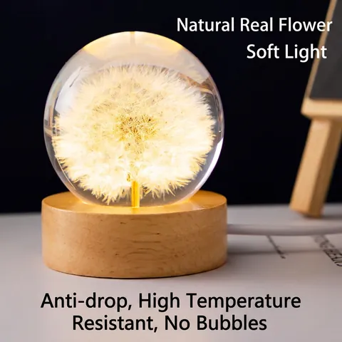 Lampe De Nuit Boule De Cristal Fleur Séchée Pissenlit LED Lampe De Bureau USB Base En Bois Cadeau Romantique
