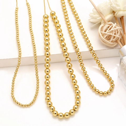Collier Ras Du Cou Perles Rondes Cuivre Plaqué Or 18K Poli Fermoir Coulissant Réglable Bijoux Rétro Hip Hop Minimaliste Pour Femmes