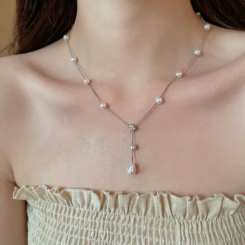 Collar Con Colgante De Perla Artificial En Forma De Gota Elegante Flor De Circonio Cadena De Cobre Plateado Para Mujer Estilo Palacio Vintage