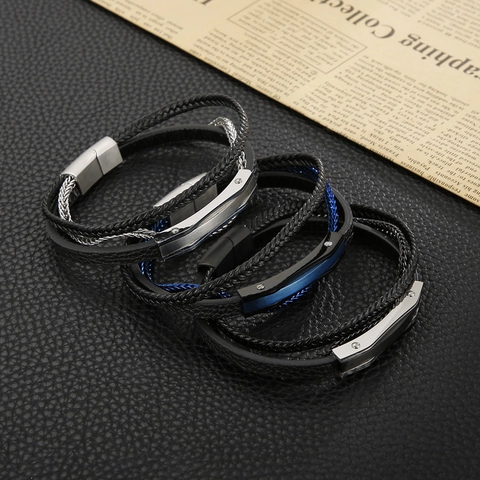 Bracelet Pour Homme Multicouche En Cuir Tressé Et Chaîne En Acier Inoxydable Fermoir Magnétique Style Punk Bijoux