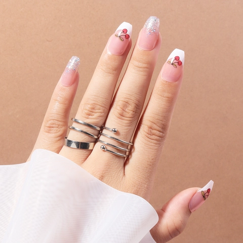 Press On Nails Coffin French Tip Kirschmuster Silber Glitzer Pink Transparent Ballett Künstliche Fingernägel