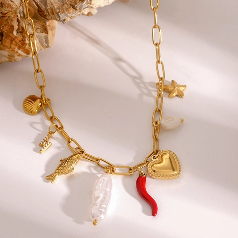 Collana In Acciaio Inossidabile Placcato Oro Con Ciondoli Stella Marina Cuore Conchiglia Pesce Fulmine Perla Artificial Donna