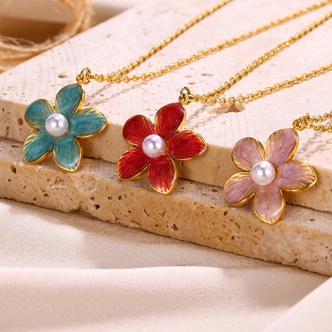 Stainless Steel Flower Petal Pendant Necklace With Artificial Pearl Inlaid Enamel Floral Stud Earrings For Women Jewelry