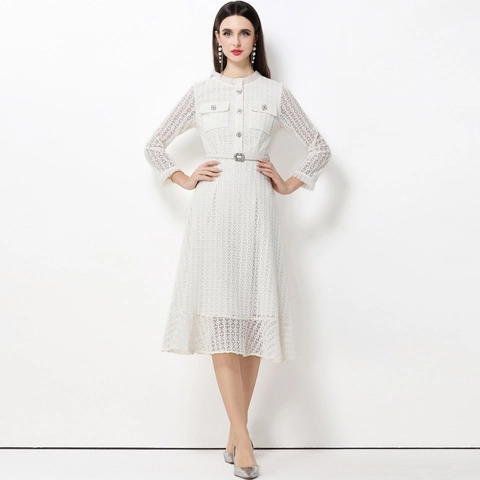 Robe Midi Élégante En Dentelle Pour Femme Manches Longues Taille Haute Coupe Slim Avec Ceinture Style Français Party