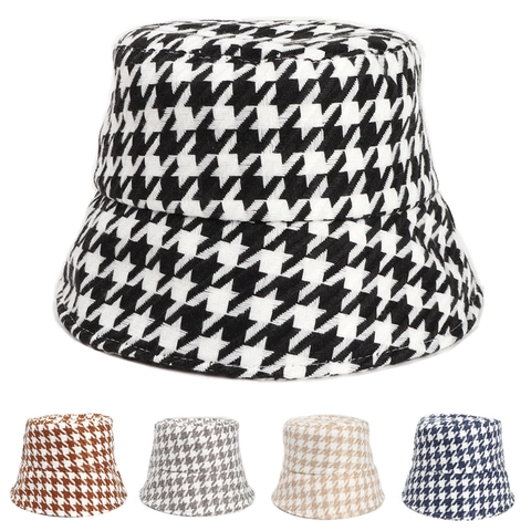 Houndstooth Bucket Hat Cotton Thick Warm Windproof Winter Fashion Fisherman Cap For Women Men