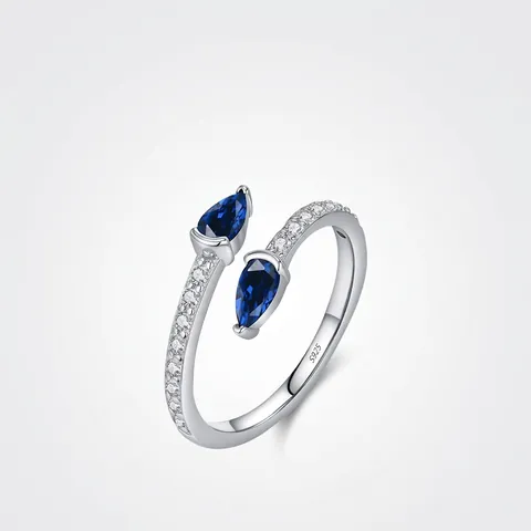 925 Sterling Silver Adjustable Open Ring For Women With Blue Pear Cut Zircon And Cubic Zirconia Minimalist Jewelry