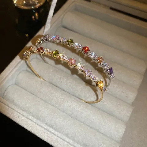 Brazalete Abierto Zircón Colorido Cobre Arcoíris Estrella Geométrica Pulsera Lujo Moda Joyería Mujer