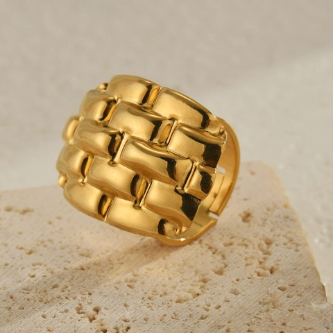 Ins Style Woven Texture Irregular Geometric Stainless Steel Ring And Earrings Set For Women Fashion Gold Jewelry Gift