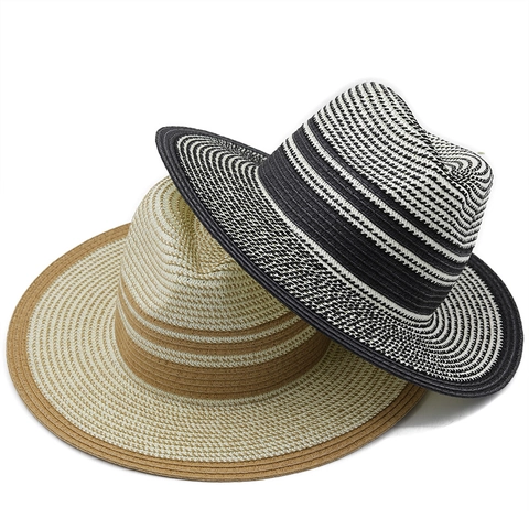 Striped Fedora Straw Hat Foldable Sun Protection Panama Summer Beach Wide Brim Woven Breathable Unisex
