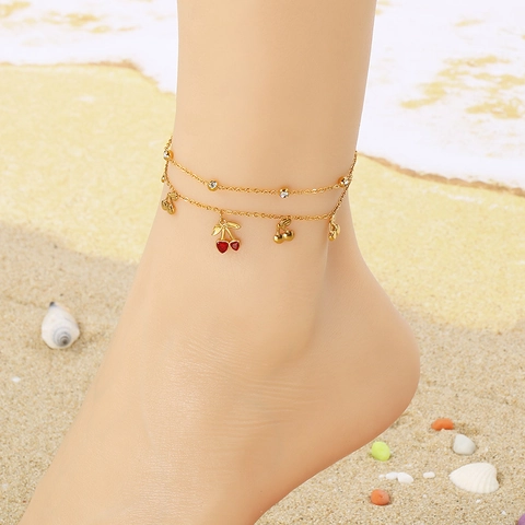 Tobilleras De Doble Capa De Acero Inoxidable Con Colgantes De Cereza Corazón Concha Para Mujeres Verano Playa