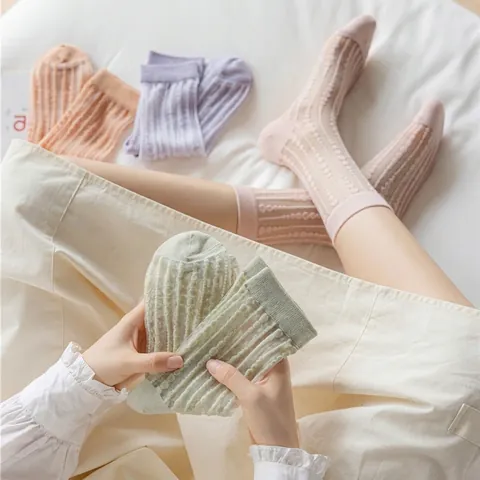 Women Summer Breathable Crystal Silk Mesh Socks Japanese Style Cute Bear Floral Embroidery Transparent Mid-Calf Crew Socks