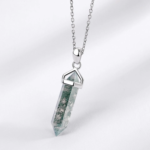 Natürliche Moosachat Anhänger Halskette 925 Sterling Silber Hexagonal Prisma Säule Kristall Stein Schmuck Elegant Für Damen
