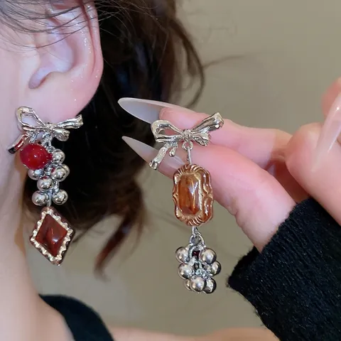 Asymmetrische Schleifen Ohrhänger Mit Harzperlen Und 925 Sterling Silver Earring Post Vintage Design Für Damen