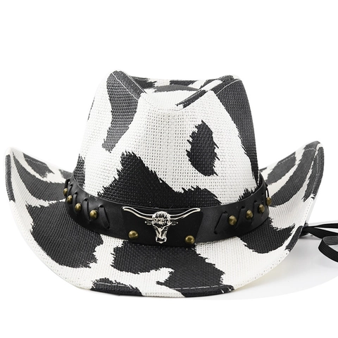 Western Cowboyhoed Vintage Koeprint Brede Rand Polyester Met Stierkop Metalen Decoratie Verstelbare Kinriem Voor Heren Dames