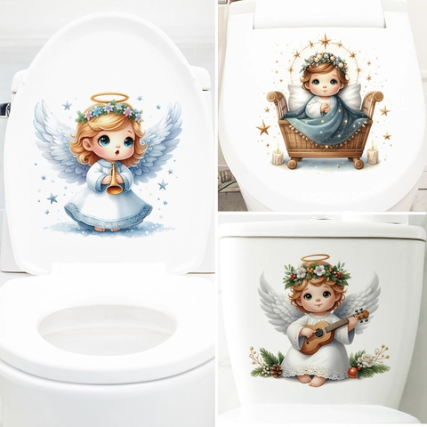 Christmas Cartoon Angel Toilet Lid Stickers Removable PVC Decal For Bathroom Window Wall Decoration Cute Religious