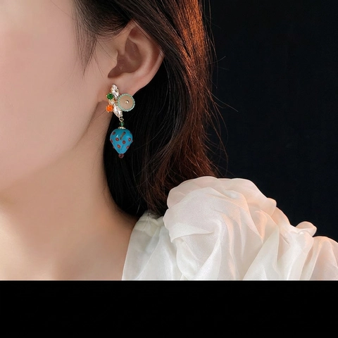 Blue Strawberry Drop Earrings With 925 Sterling Silver Earring Post Alloy Rhinestone Vintage Style Jewelry For Women