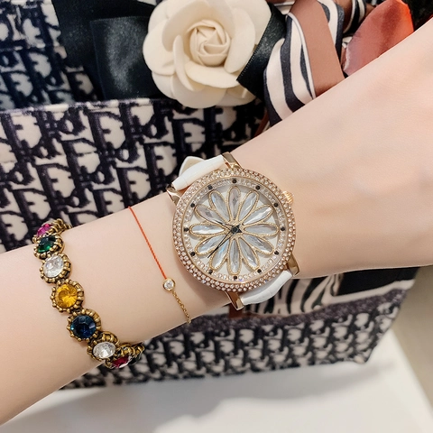 Orologio Dimini Donna Moda Quadrante Margherite Rotante Ghiera Strass Cassa Oro Rosa Cinturino Pelle Orologio Quarzo Elegante