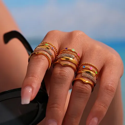 Bagues Géométriques En Acier Inoxydable Pour Femmes Plaqué Or 18K Zircon Émail Coloré Bijoux Bohémiens Accessoire