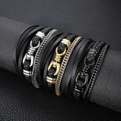 Bracciale Multistrato In Pelle Intrecciata Da Uomo Con Catena In Acciaio Inossidabile E Chiusura Magnetica Stile Punk Rock