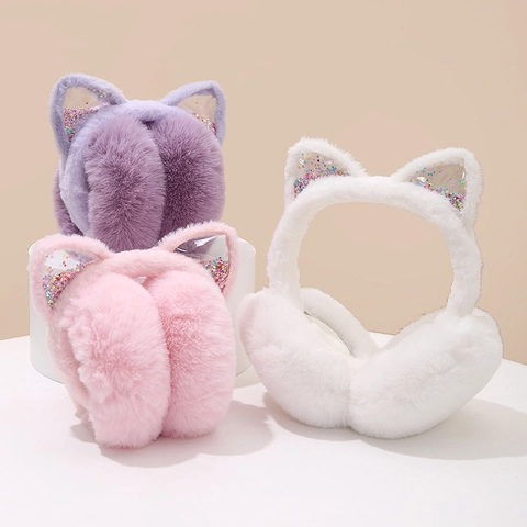 Paraorecchie Orecchie Di Gatto Pelliccia Sintetica Paillettes Caldo Peluche Pieghevole Per Bambini Ragazze Donne Dolce Inverno