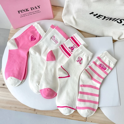Women Mid Calf Socks Cotton Sweet Pink White Striped Bear Heart Letter Embroidery Japanese Style Cute Breathable