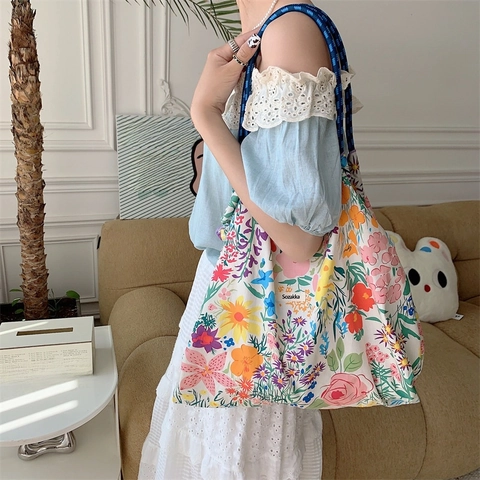 Large Capacity Floral Print Canvas Tote Bag Summer Fresh Flower Shoulder Handbag With Braided Rope Handles Shopping Bag