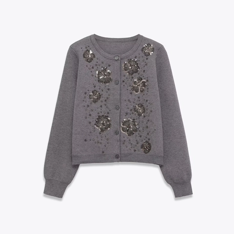 Women Grey Knit Cardigan Beaded Sequin Flower Round Neck Long Sleeve Button Down Elegant Soft Casual Sweater