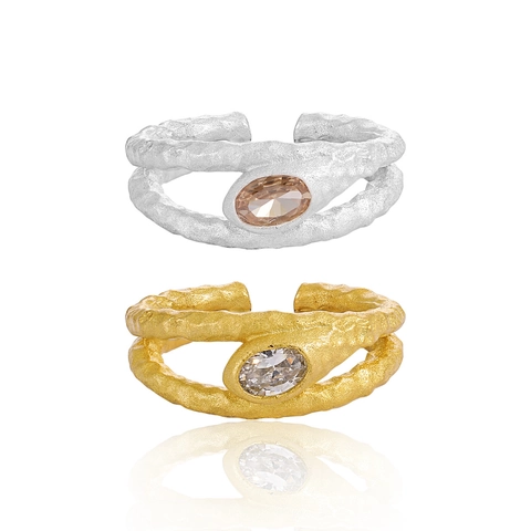 Anillo Abierto de Plata de Ley S925 Martillado Irregular para Mujer Elegante Anillo con Diamantes de Imitación Piedra Ovalada Ajustable Joyería