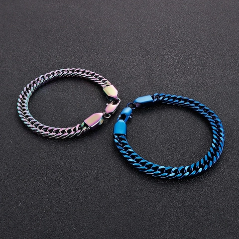 Collier Chaîne Gourmette En Acier Inoxydable Pour Hommes Style Hip Hop Punk Bijoux Avec Fermoir Mousqueton Or Noir Bleu Arc-en-ciel