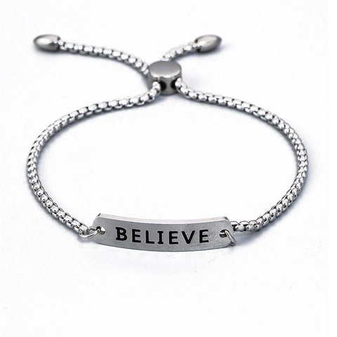 Believe Graviertes Plattenarmband Edelstahl Verstellbarer Schiebeverschluss Boxkette Inspirierender Schmuck Unisex