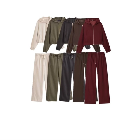 Women Zip Up Hoodie And Wide Leg Pants Polyester Casual Long Sleeve Streetwear Sweatshirt Trousers