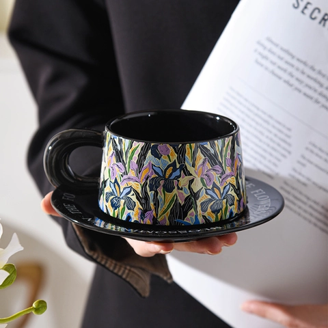 Keramik Kaffeetasse Und Untertasse Mit Geschenkbox Florales Iris Muster Nordischer Vintage Stil Porzellan Trinkgeschirr