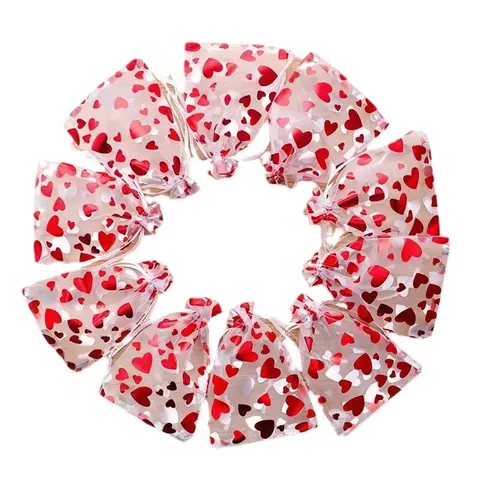 Organza Herz Kordelzug Geschenktüten Valentinstag Hochzeit Party Süßigkeiten Schmuck Verpackungsbeutel Goldprägung Muster