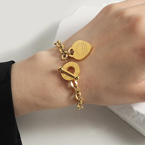 Bracciale Pendente Cuore Acciaio Inossidabile Chiusura OT Citazione Incisa Catena Maglia Grossa Gioielli Moda Donna