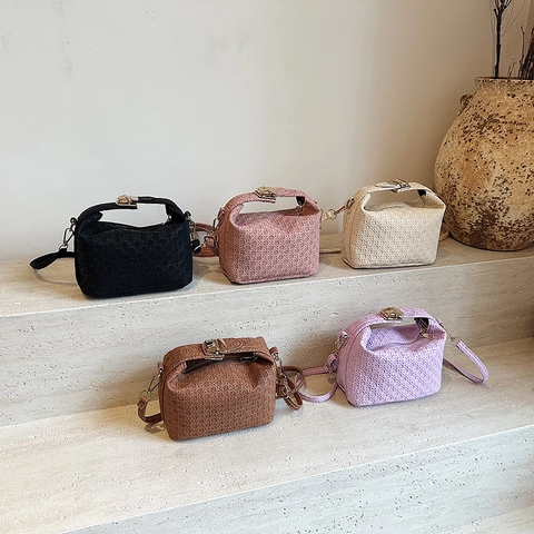 Woven Texture Crossbody Bag PU Leather Mini Handbag With Top Handle Gold Hardware Versatile Shoulder Purse For Women