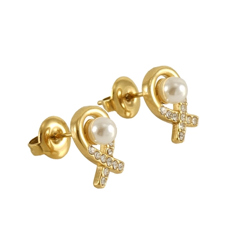 Pendientes De Botón Acero Inoxidable Chapado En Oro De 18K Con Perla Artificial Y Diamante De Imitación Diseño De Cruz De Cinta Joyería