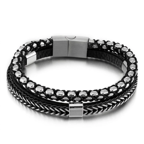 Bracciale Multistrato In Pelle Intrecciata Da Uomo Con Perle In Acciaio Inossidabile E Catena Chiusura Magnetica Stile Punk